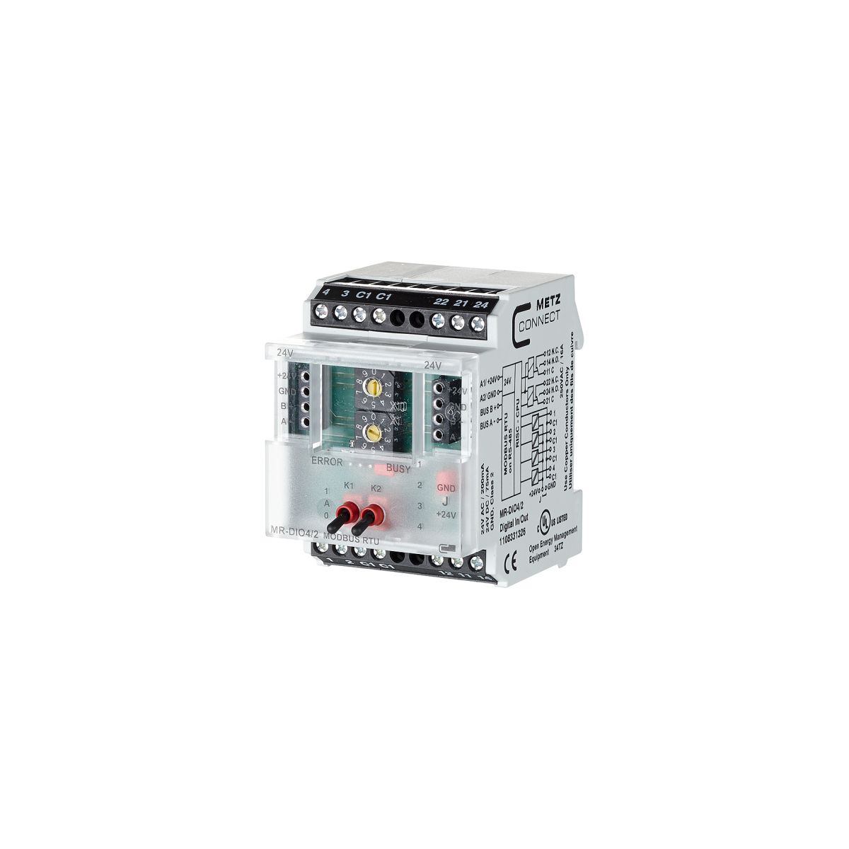 Modbus RTU Modul MR-DIO4/2, 4 digitale Eingänge, 2 Relaisausgänge, mit Handbedienebene, 250 V, 16 A