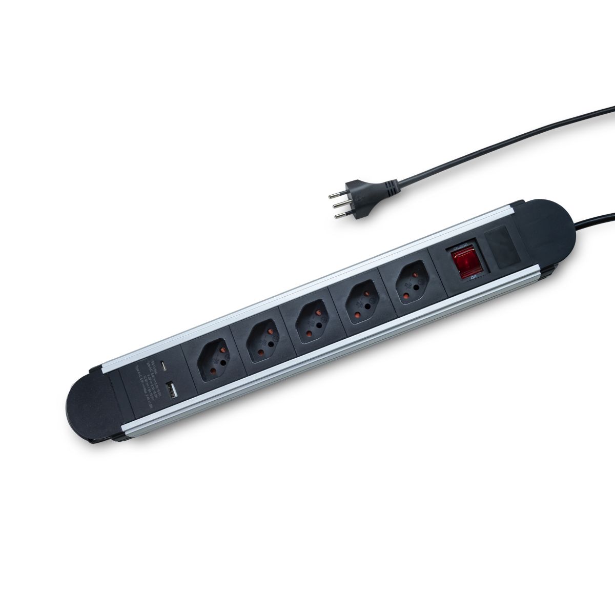 Striscia di prese in alluminio 5×T13 3×1 mm² 1,5 m con 1×USB-C 1×USB-A