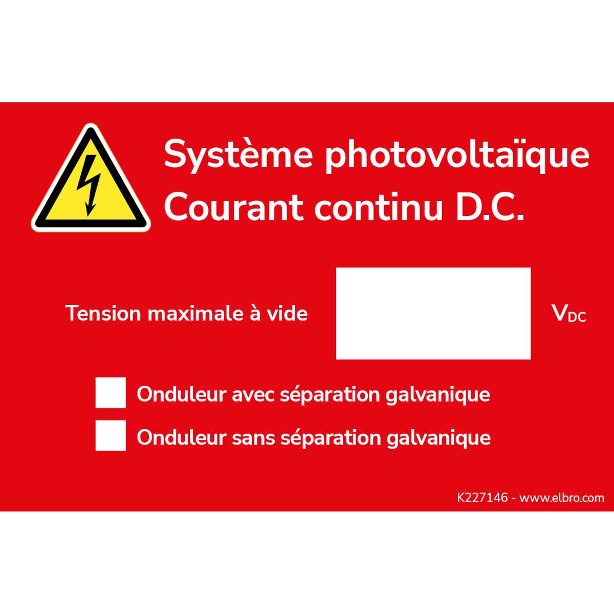 Warnaufkleber "Solar-D.C.-Anlage", rot, FR, wetterfest, 90 x 60 mm