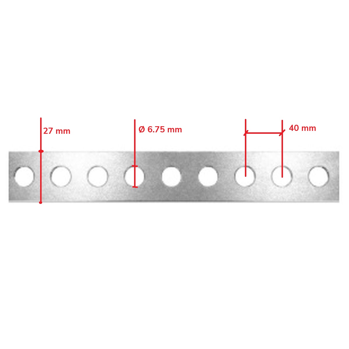 Lochband, Aluminium, Länge 10 m, Breite 27 mm, Dicke 1.5 mm, runde Löcher: Ø 6.75 mm, Abstand 40 mm – Bild 2