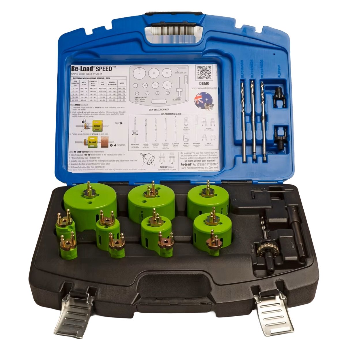 Kit de forets à couronne « Re-load Speed » avec accessoires et 11 forets HSS de Ø 19/22/25/29/32/35/44/51/64/76/83 mm