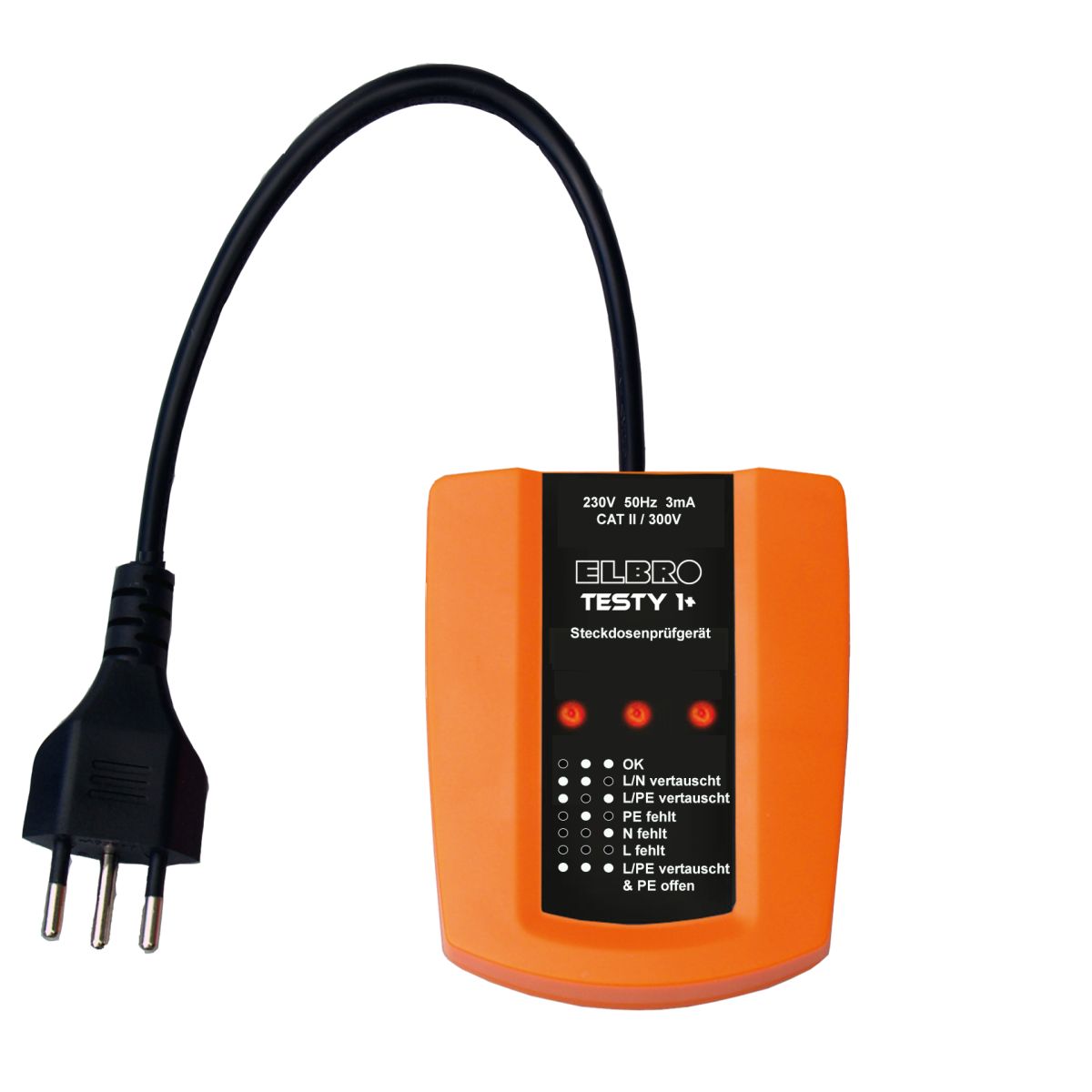 Steckdosenprüfgerät für
Typ 12, 13, 23 benötigt keine Batterien
230 V,CATII/300 V, 3mA